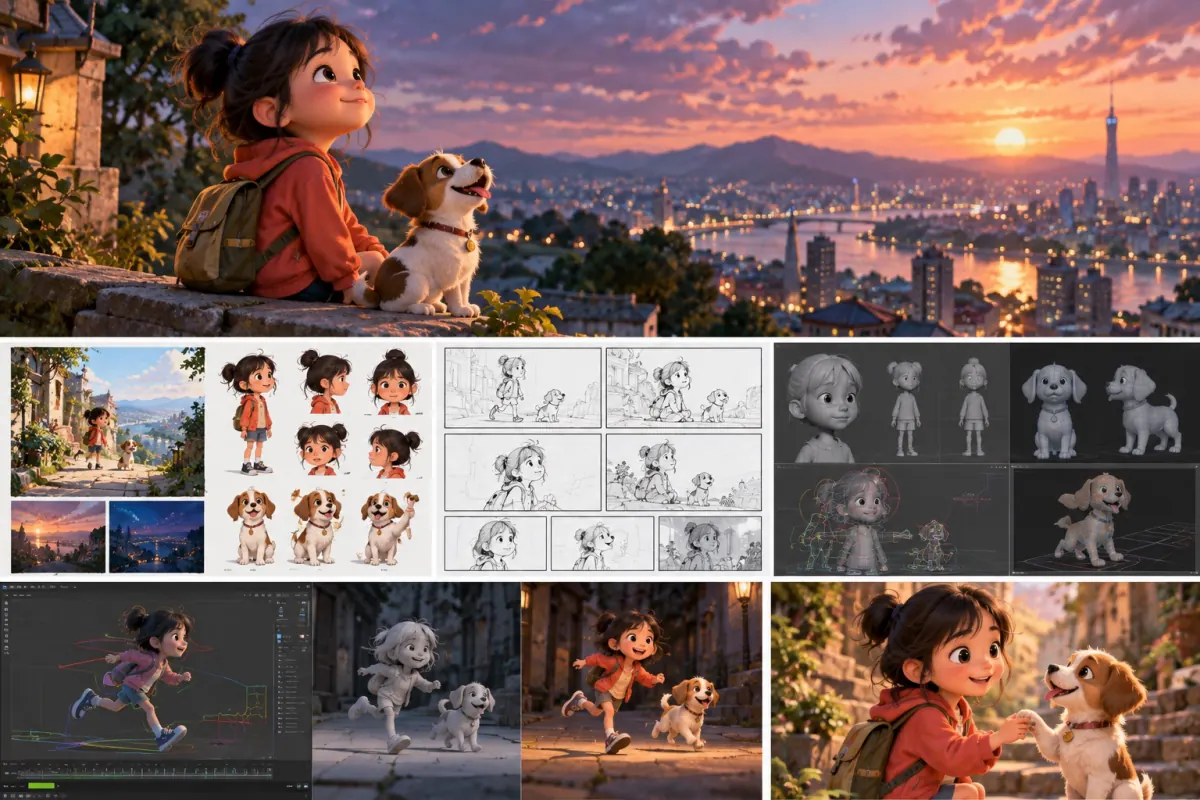 女孩与小狗角色动画的设定、分镜、三维制作与成片展示